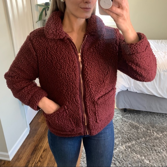 Ashley Teddy Bear Fur Bomber Jacket in Burgundy - Picture 2 of 12